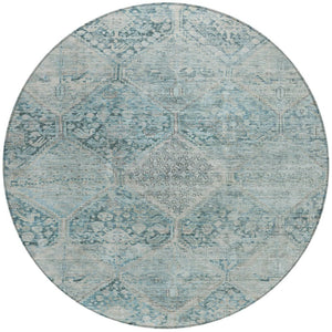 HomeRoots 8' Blue and Silver Round Geometric Area Rug - Stylish, Durable, and Washable for Indoor & Outdoor Use 619615