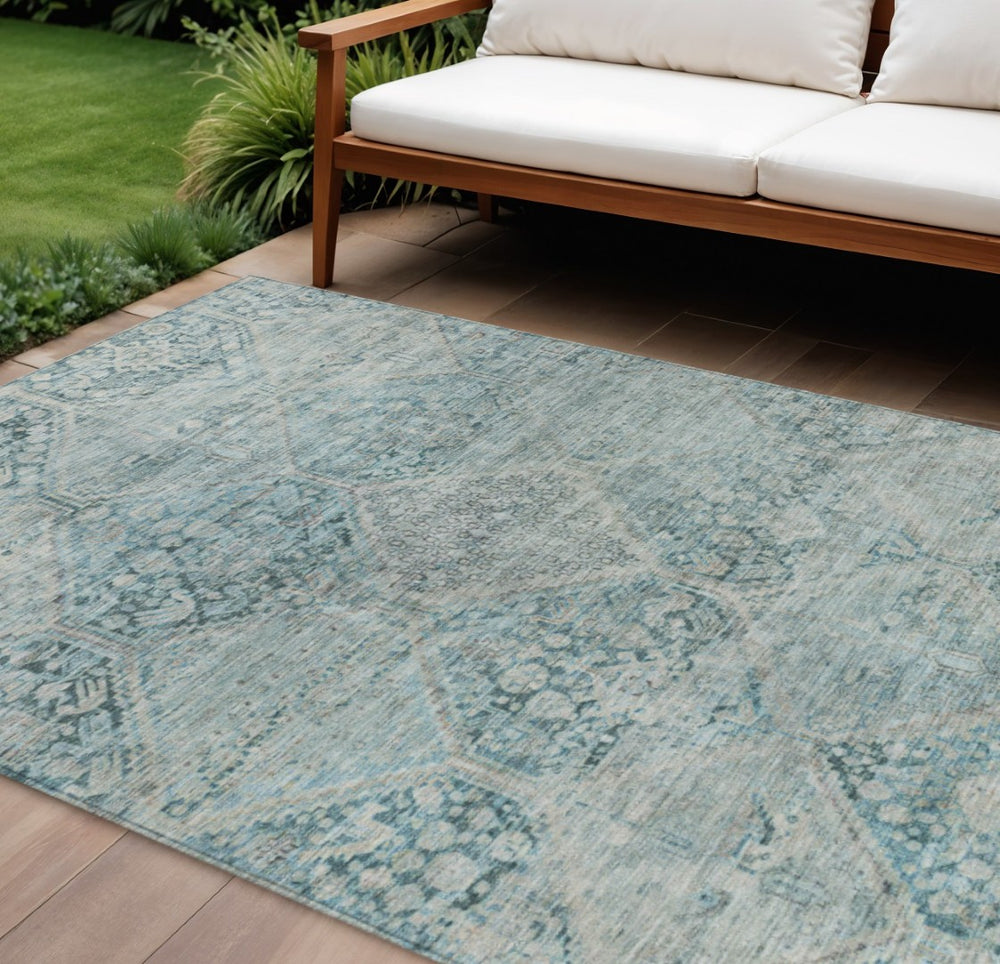 HomeRoots 9' X 12' Blue and Silver Geometric Washable Area Rug – Stylish, Durable, Indoor/Outdoor Design for All Spaces 619617