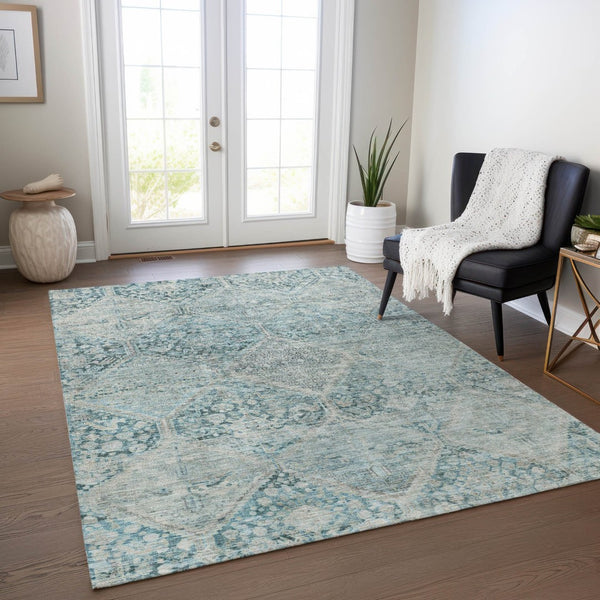 HomeRoots 10' Blue and Silver Geometric Area Rug – Washable Indoor/Outdoor, Durable, Stain-Resistant Design! 619618