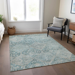HomeRoots 10' Blue and Silver Geometric Area Rug – Washable Indoor/Outdoor, Durable, Stain-Resistant Design! 619618