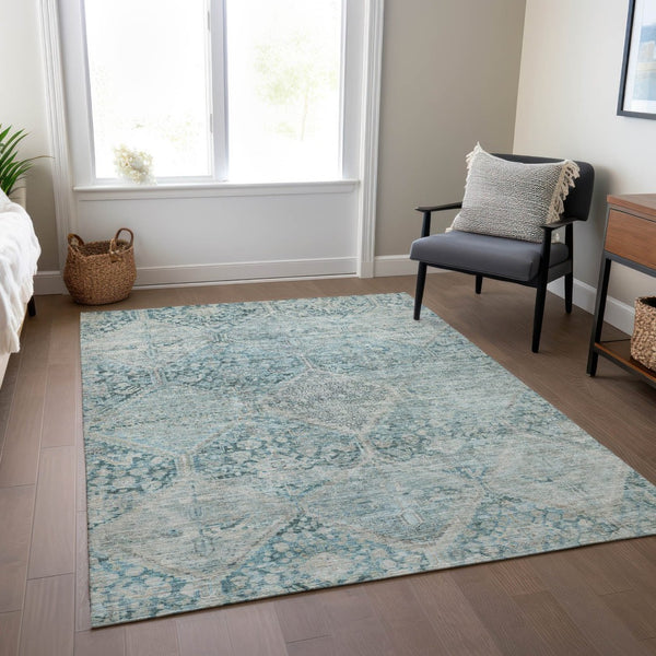 HomeRoots 10' Blue and Silver Geometric Area Rug – Washable Indoor/Outdoor, Durable, Stain-Resistant Design! 619618