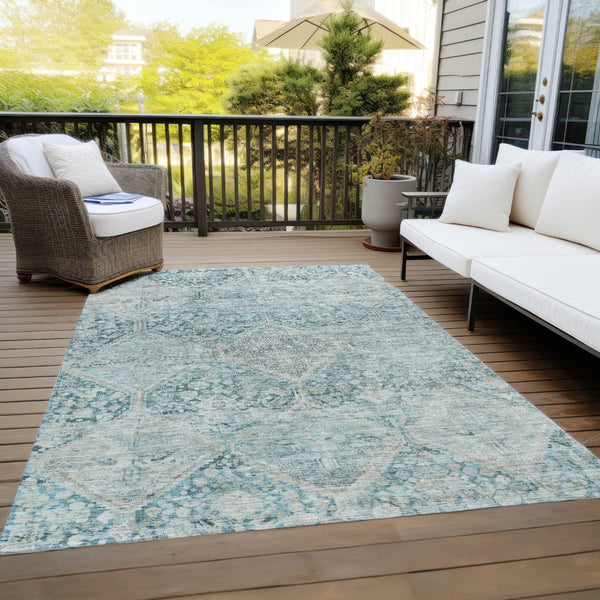 HomeRoots 10' Blue and Silver Geometric Area Rug – Washable Indoor/Outdoor, Durable, Stain-Resistant Design! 619618