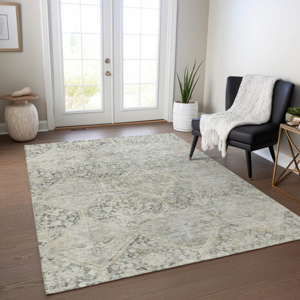 HomeRoots 5' X 8' Stylish Pewter and Silver Geometric Area Rug - Durable, Washable for Indoor & Outdoor Use 619632
