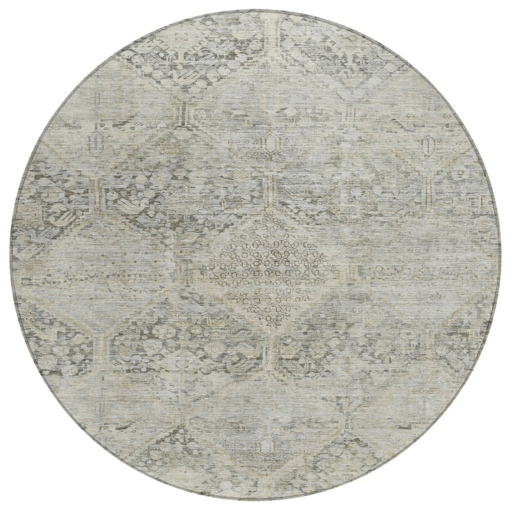 HomeRoots 8' Contemporary Pewter & Silver Geometric Round Rug - Washable, Durable for Indoor/Outdoor Spaces 619633