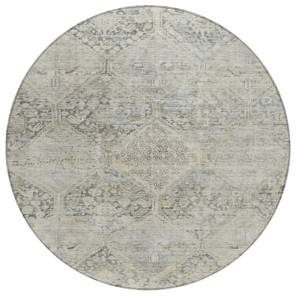 HomeRoots 8' Contemporary Pewter & Silver Geometric Round Rug - Washable, Durable for Indoor/Outdoor Spaces 619633
