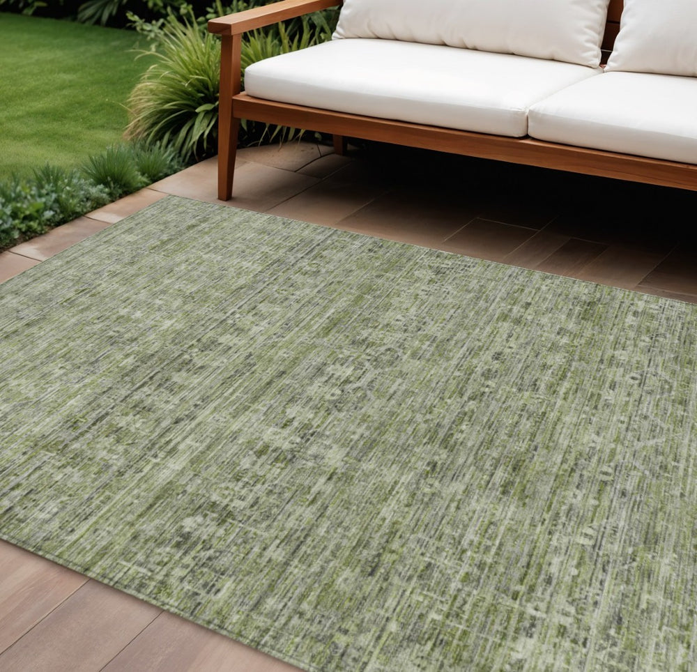 HomeRoots 9' Coastal Green and Gray Striped Washable Area Rug - Durable Indoor/Outdoor Design for Any Space 619653