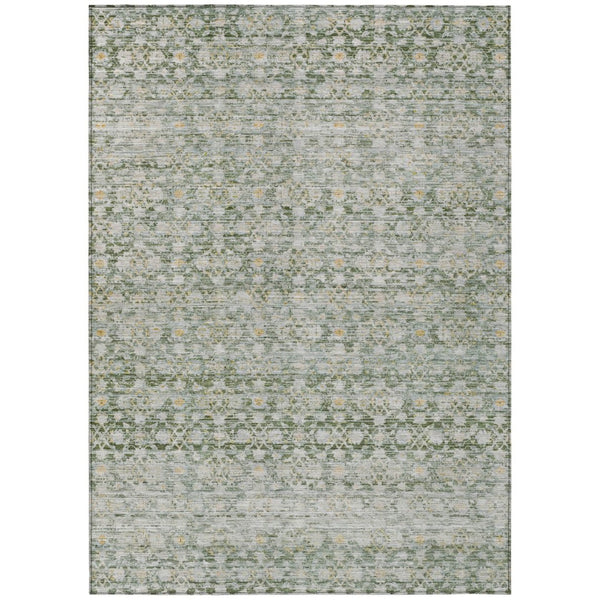 HomeRoots 5' Green and Gold Striped Washable Area Rug - Durable Indoor/Outdoor Charm for High-Traffic Spaces 619680