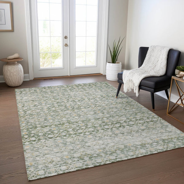 HomeRoots 5' Green and Gold Striped Washable Area Rug - Durable Indoor/Outdoor Charm for High-Traffic Spaces 619680