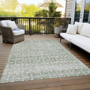 HomeRoots 5' Green and Gold Striped Washable Area Rug - Durable Indoor/Outdoor Charm for High-Traffic Spaces 619680