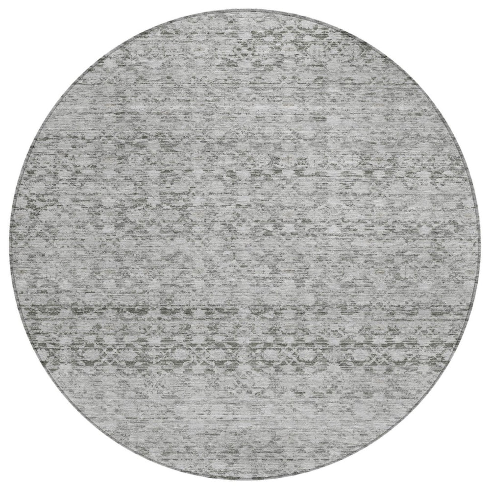 HomeRoots 8' Gray and Silver Striped Washable Round Rug - Stylish, Durable for Indoor & Outdoor Use, Easy Care 619687