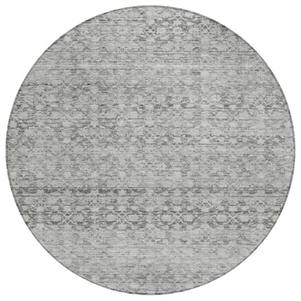 HomeRoots 8' Gray and Silver Striped Washable Round Rug - Stylish, Durable for Indoor & Outdoor Use, Easy Care 619687