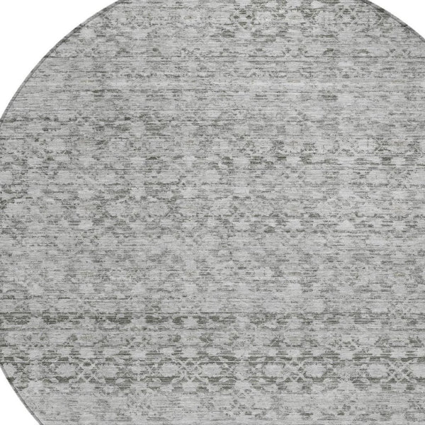 HomeRoots 8' Gray and Silver Striped Washable Round Rug - Stylish, Durable for Indoor & Outdoor Use, Easy Care 619687