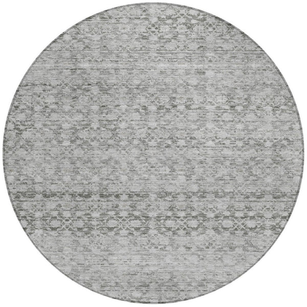 HomeRoots 8' Gray and Silver Striped Washable Round Rug - Stylish, Durable for Indoor & Outdoor Use, Easy Care 619687