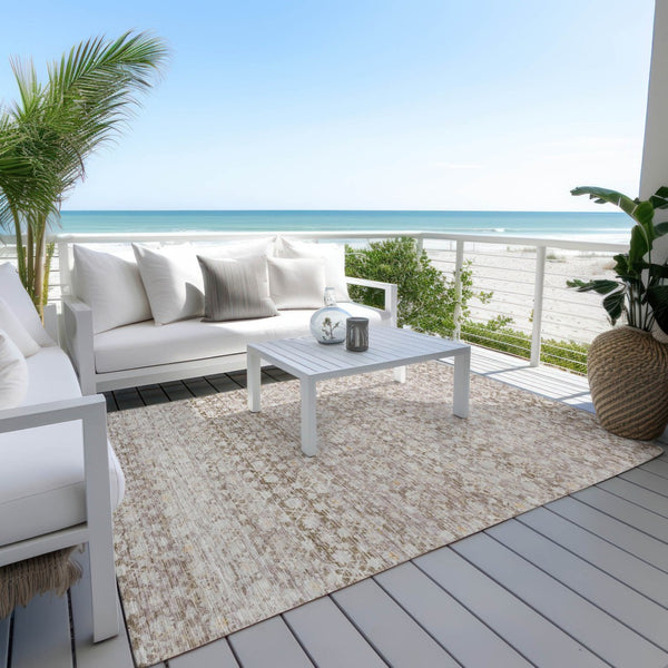 HomeRoots 5' Taupe and Beige Striped Area Rug - Stylish, Washable, Indoor/Outdoor Durable Design for All Spaces 619692