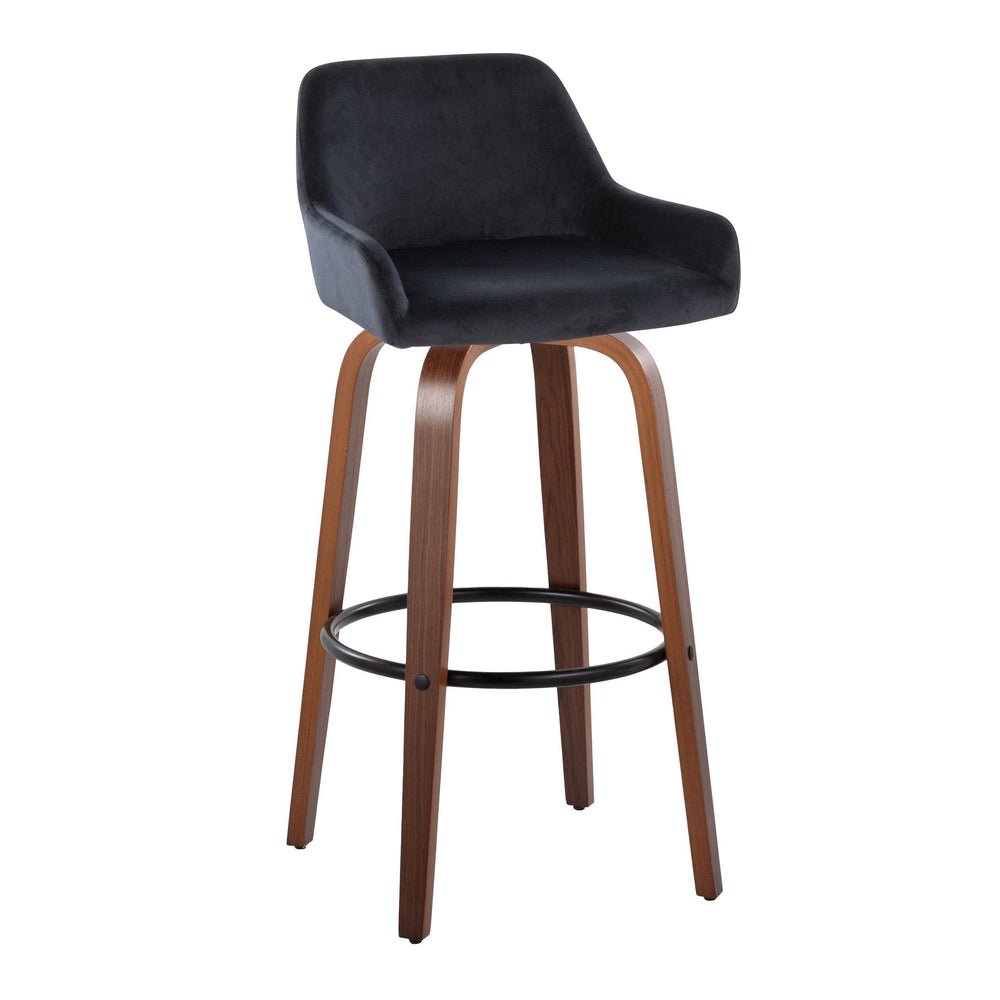 English Elm Daniella 30" Modern Barstool Set Of 2 With Swivel, Black Velvet, Walnut Wood & Metal Footrest B202S00560