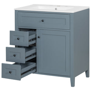 English Elm 30-Inch Contemporary Bathroom Vanity with Sink, MDF & Rubberwood, Glossy Finish, 3 Drawers + Cabinet Blue Gray N725P350819E