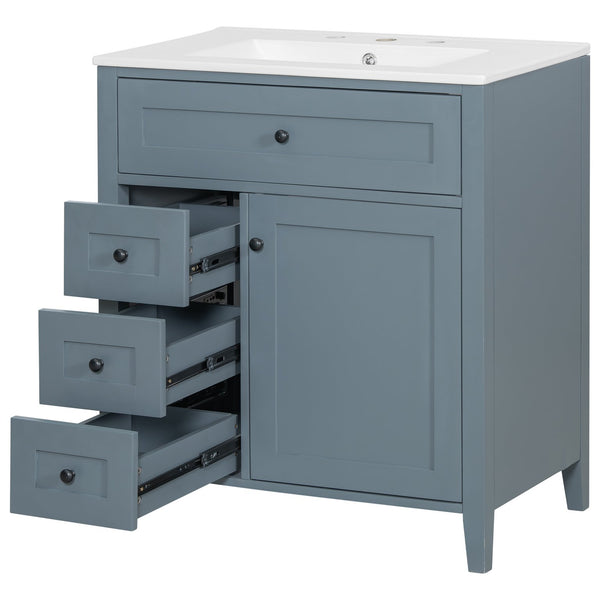 English Elm 30-Inch Contemporary Bathroom Vanity with Sink, MDF & Rubberwood, Glossy Finish, 3 Drawers + Cabinet Blue Gray N725P350819E