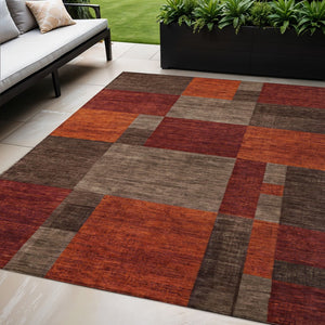 HomeRoots 5' Chocolate Taupe & Orange Geometric Washable Indoor/Outdoor Area Rug - Durable, Stylish & Versatile 619734