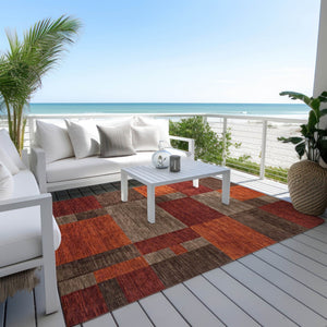 HomeRoots 5' Chocolate Taupe & Orange Geometric Washable Indoor/Outdoor Area Rug - Durable, Stylish & Versatile 619734