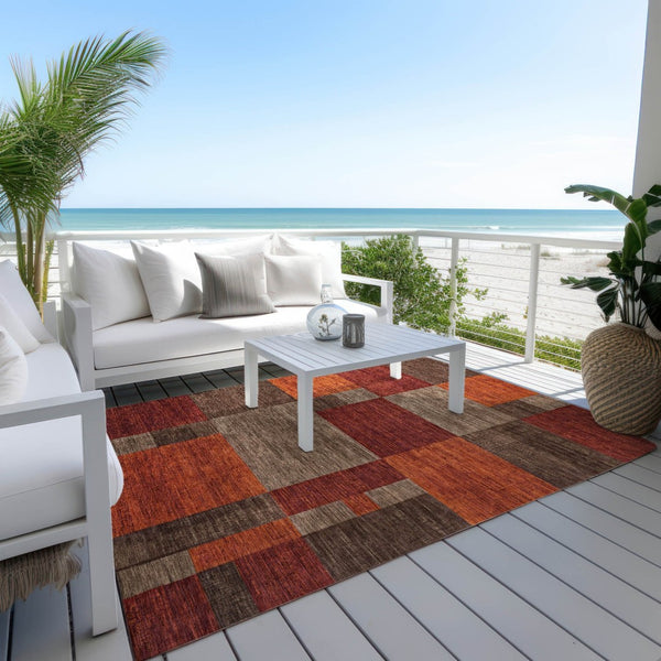 HomeRoots 5' Chocolate Taupe & Orange Geometric Washable Indoor/Outdoor Area Rug - Durable, Stylish & Versatile 619734