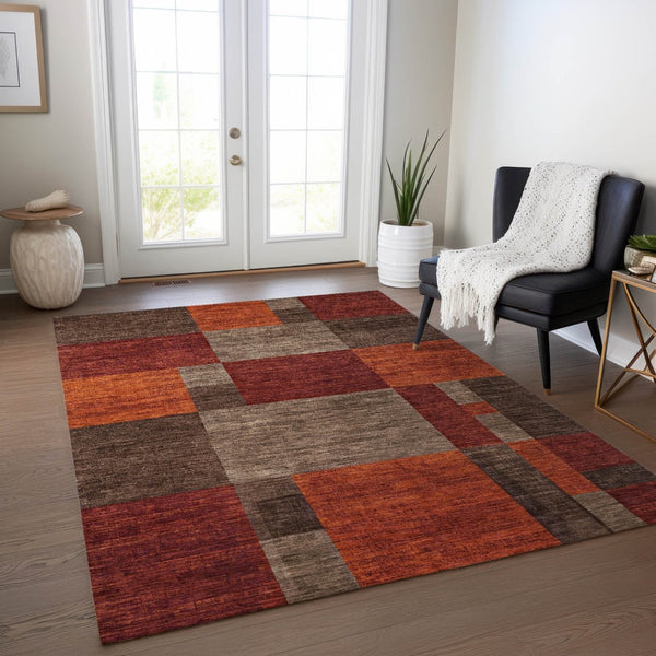 HomeRoots 5' Chocolate Taupe & Orange Geometric Washable Indoor/Outdoor Area Rug - Durable, Stylish & Versatile 619734