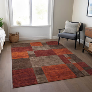 HomeRoots 5' Chocolate Taupe & Orange Geometric Washable Indoor/Outdoor Area Rug - Durable, Stylish & Versatile 619734