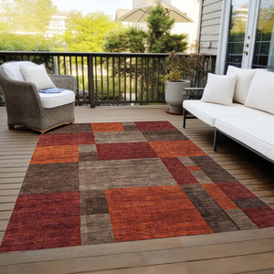 HomeRoots 5' Chocolate Taupe & Orange Geometric Washable Indoor/Outdoor Area Rug - Durable, Stylish & Versatile 619734
