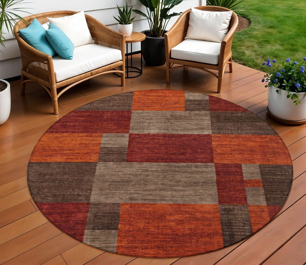 HomeRoots 8' Round Geometric Rug in Chocolate, Taupe & Orange - Stylish, Durable, Washable for Indoor & Outdoor Use 619735