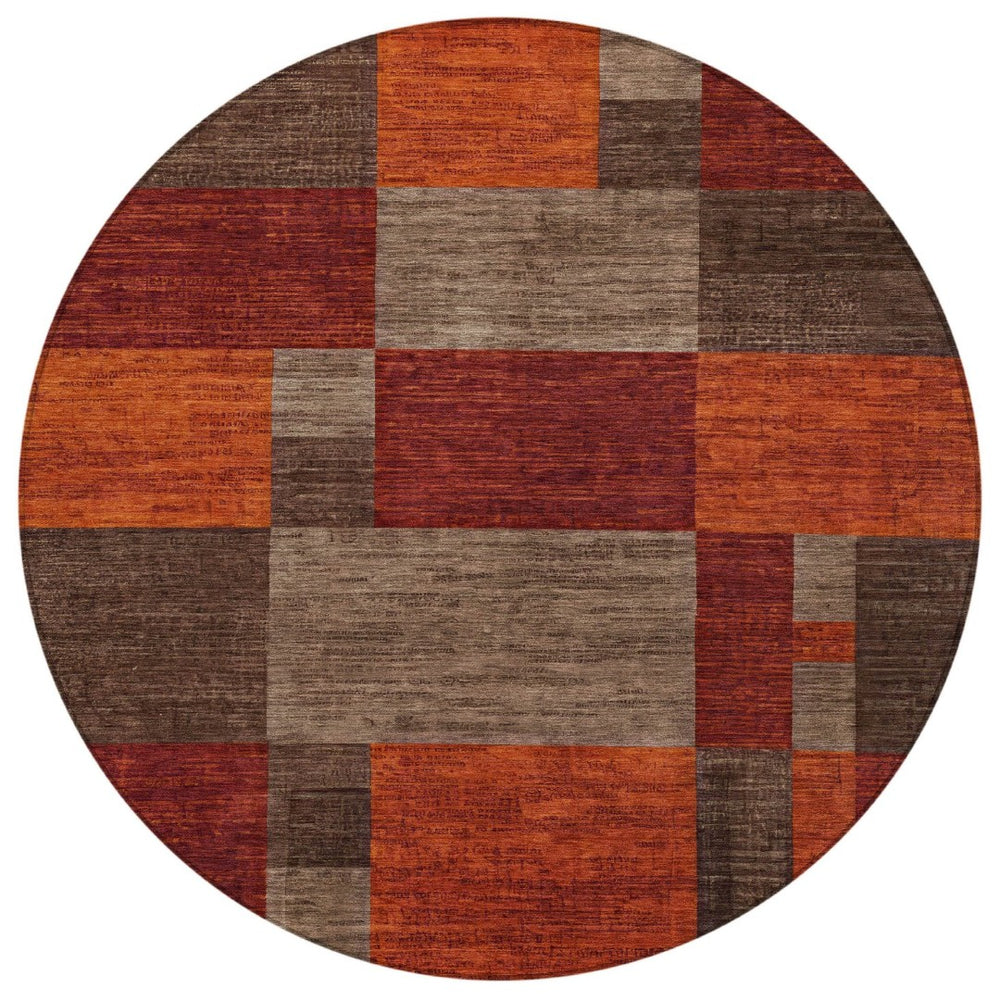 HomeRoots 8' Round Geometric Rug in Chocolate, Taupe & Orange - Stylish, Durable, Washable for Indoor & Outdoor Use 619735