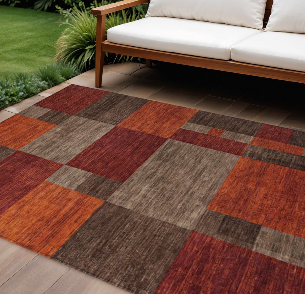 HomeRoots 8' Washable Chocolate Taupe & Orange Geometric Area Rug – Indoor/Outdoor Versatile Style & Comfort 619736
