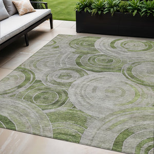 HomeRoots 5' X 8' Artichoke Green & Silver Geometric Area Rug - Washable, Durable, Indoor/Outdoor Style! 619746