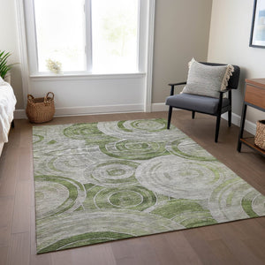 HomeRoots 5' X 8' Artichoke Green & Silver Geometric Area Rug - Washable, Durable, Indoor/Outdoor Style! 619746