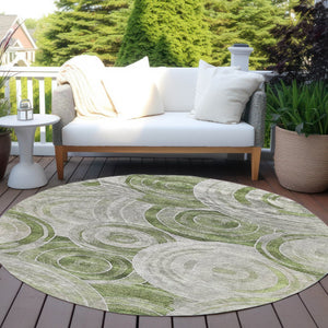 HomeRoots 8' Artichoke Green and Silver Round Geometric Area Rug – Stylish, Washable, Indoor-Outdoor Versatility 619747