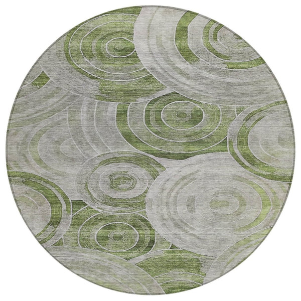 HomeRoots 8' Artichoke Green and Silver Round Geometric Area Rug – Stylish, Washable, Indoor-Outdoor Versatility 619747