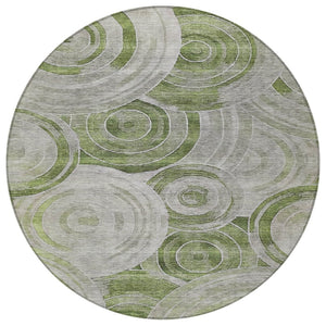 HomeRoots 8' Artichoke Green and Silver Round Geometric Area Rug – Stylish, Washable, Indoor-Outdoor Versatility 619747