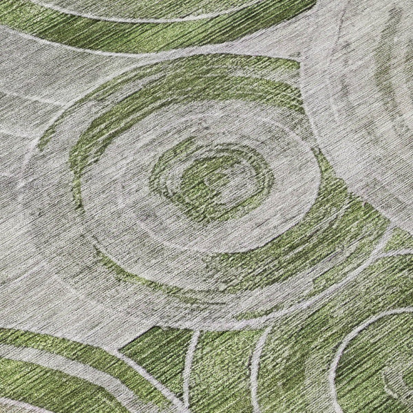 HomeRoots 8' Artichoke Green and Silver Round Geometric Area Rug – Stylish, Washable, Indoor-Outdoor Versatility 619747