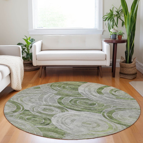 HomeRoots 8' Artichoke Green and Silver Round Geometric Area Rug – Stylish, Washable, Indoor-Outdoor Versatility 619747