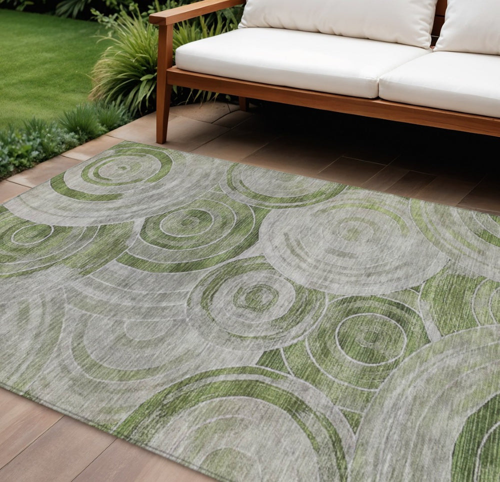 HomeRoots 8' X 10' Artichoke Green & Silver Geometric Area Rug – Washable, Stylish for Indoor & Outdoor Use! 619748