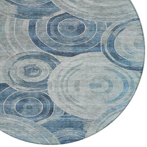 HomeRoots 8' Blue and Silver Round Geometric Area Rug – Durable, Washable for Indoor & Outdoor Use, Modern Style 619759