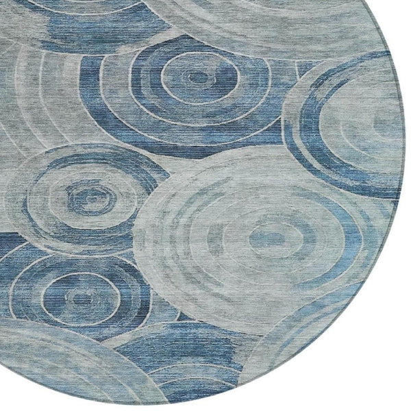 HomeRoots 8' Blue and Silver Round Geometric Area Rug – Durable, Washable for Indoor & Outdoor Use, Modern Style 619759