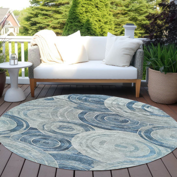 HomeRoots 8' Blue and Silver Round Geometric Area Rug – Durable, Washable for Indoor & Outdoor Use, Modern Style 619759