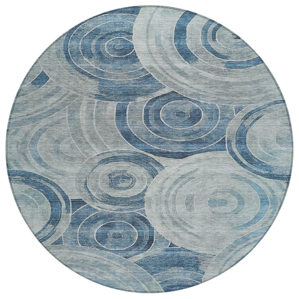 HomeRoots 8' Blue and Silver Round Geometric Area Rug – Durable, Washable for Indoor & Outdoor Use, Modern Style 619759