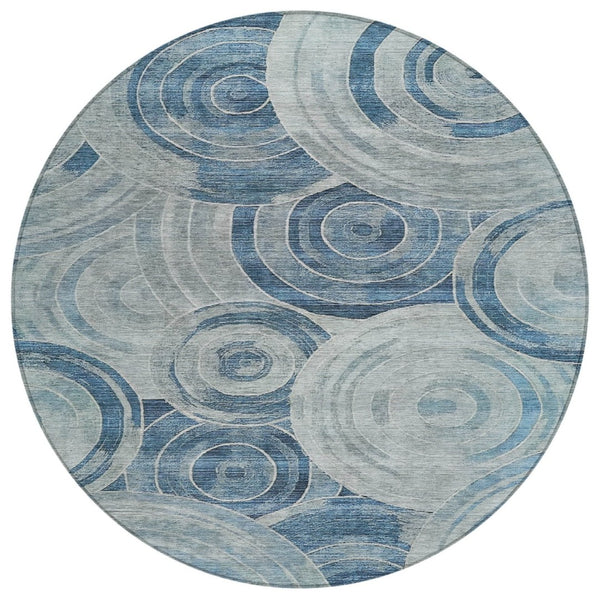 HomeRoots 8' Blue and Silver Round Geometric Area Rug – Durable, Washable for Indoor & Outdoor Use, Modern Style 619759