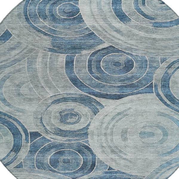 HomeRoots 8' Blue and Silver Round Geometric Area Rug – Durable, Washable for Indoor & Outdoor Use, Modern Style 619759