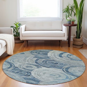 HomeRoots 8' Blue and Silver Round Geometric Area Rug – Durable, Washable for Indoor & Outdoor Use, Modern Style 619759