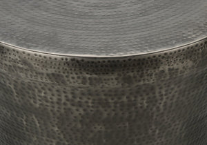 English Elm Accent Drum End Table with Hammered Metal Finish — 22" Handcrafted Cone Shape for Chic Living Spaces Silver 23 L x 23 W x 26 H B2710P219456