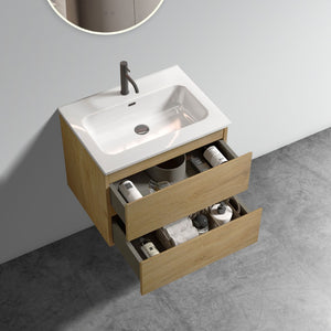 English Elm Wall Mount 24" Natural Oak Bathroom Vanity With Ceramic Sink & Soft-Close Drawers For Modern Spaces W1865S00055-GIGA
