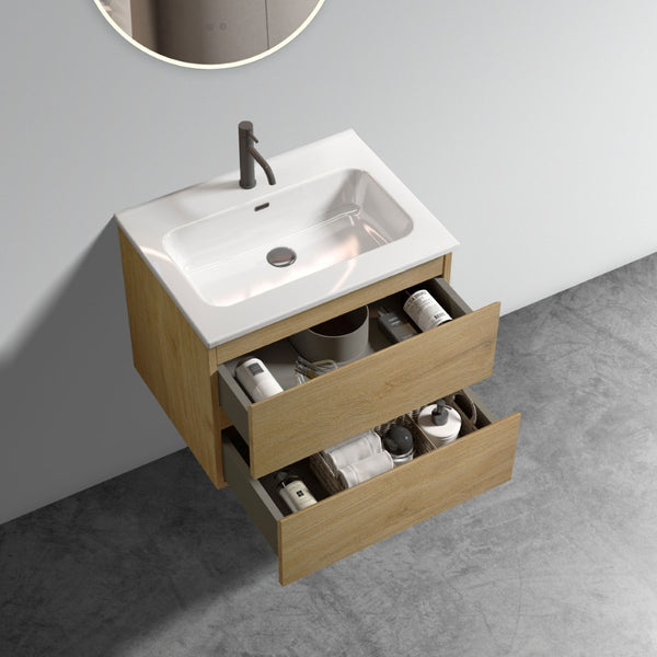 English Elm Wall Mount 24" Natural Oak Bathroom Vanity With Ceramic Sink & Soft-Close Drawers For Modern Spaces W1865S00055-GIGA
