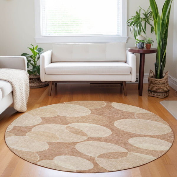 HomeRoots 8' Vibrant Coral and Peach Round Geometric Rug - Washable, Durable for Indoor and Outdoor Use 619807