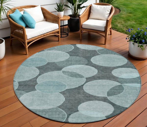HomeRoots 8' Vibrant Teal Blue & Aqua Round Geometric Area Rug - Washable, Durable, Indoor/Outdoor Style! 619825